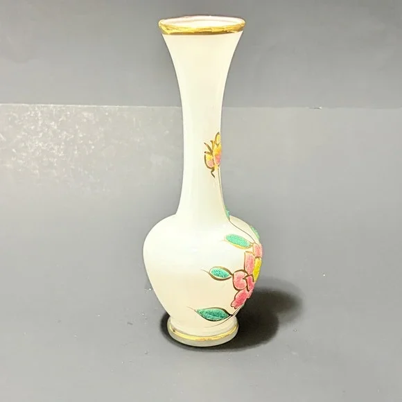 Vtg Satin Frosted Glass 8" Bud Vase Sugar Bead Floral Hand Painted Gold Trim - Picture 9 of 16